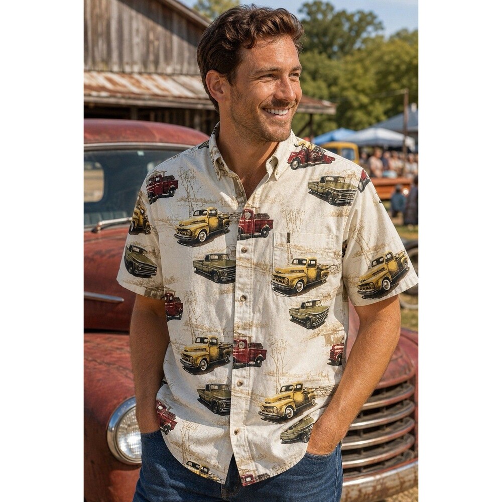 North River Outfitters Men’s M Vintage Pickup Truck Print Cotton Button Shirt